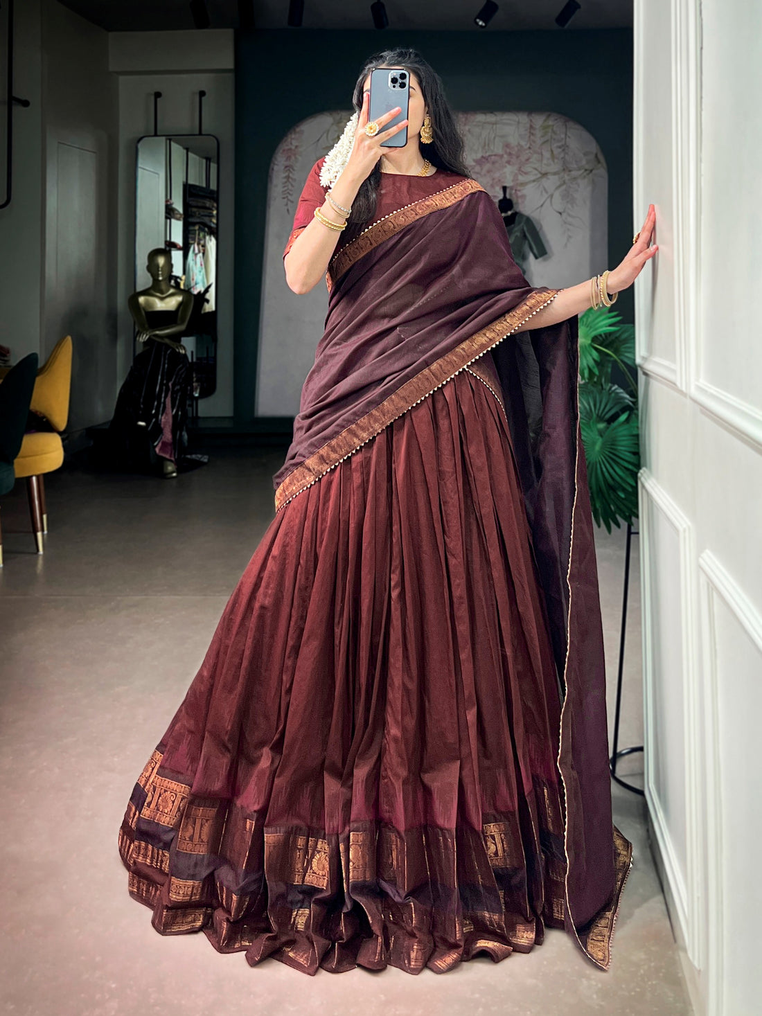 Rich Maroon Zari Woven  Cotton Function Wear Half Saree Lehenga