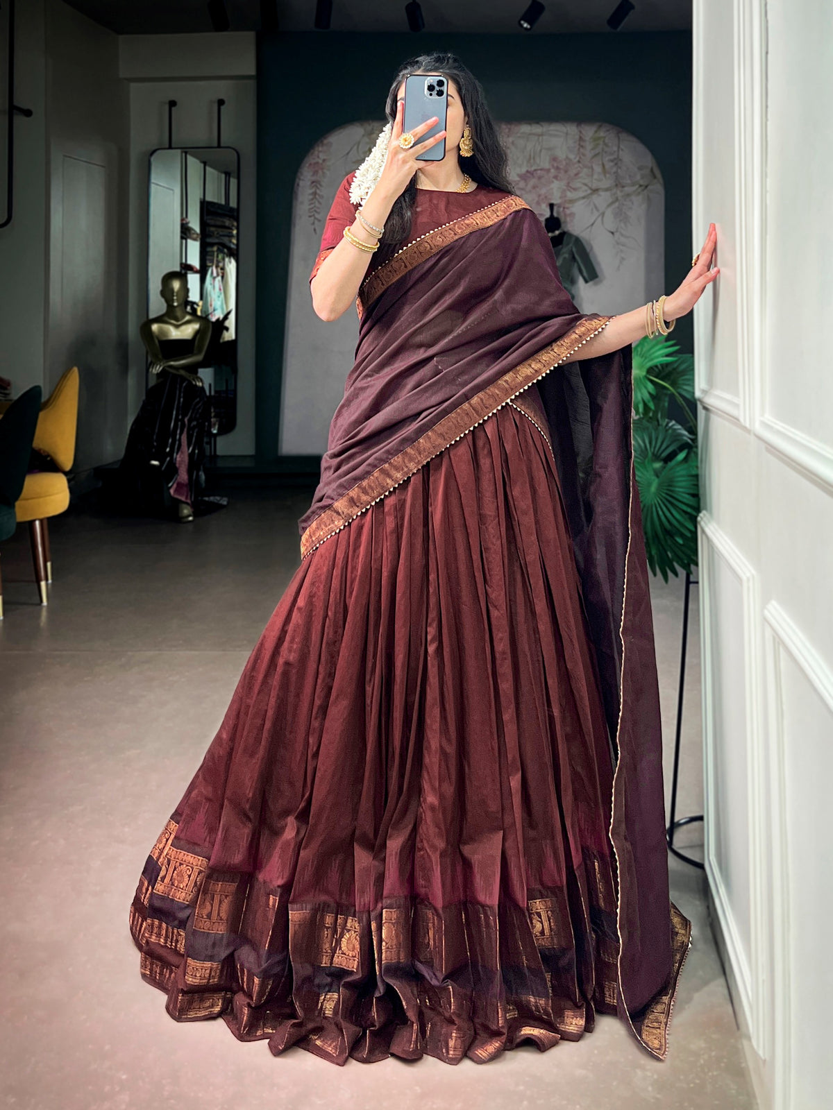 Rich Maroon Zari Woven  Cotton Function Wear Half Saree Lehenga