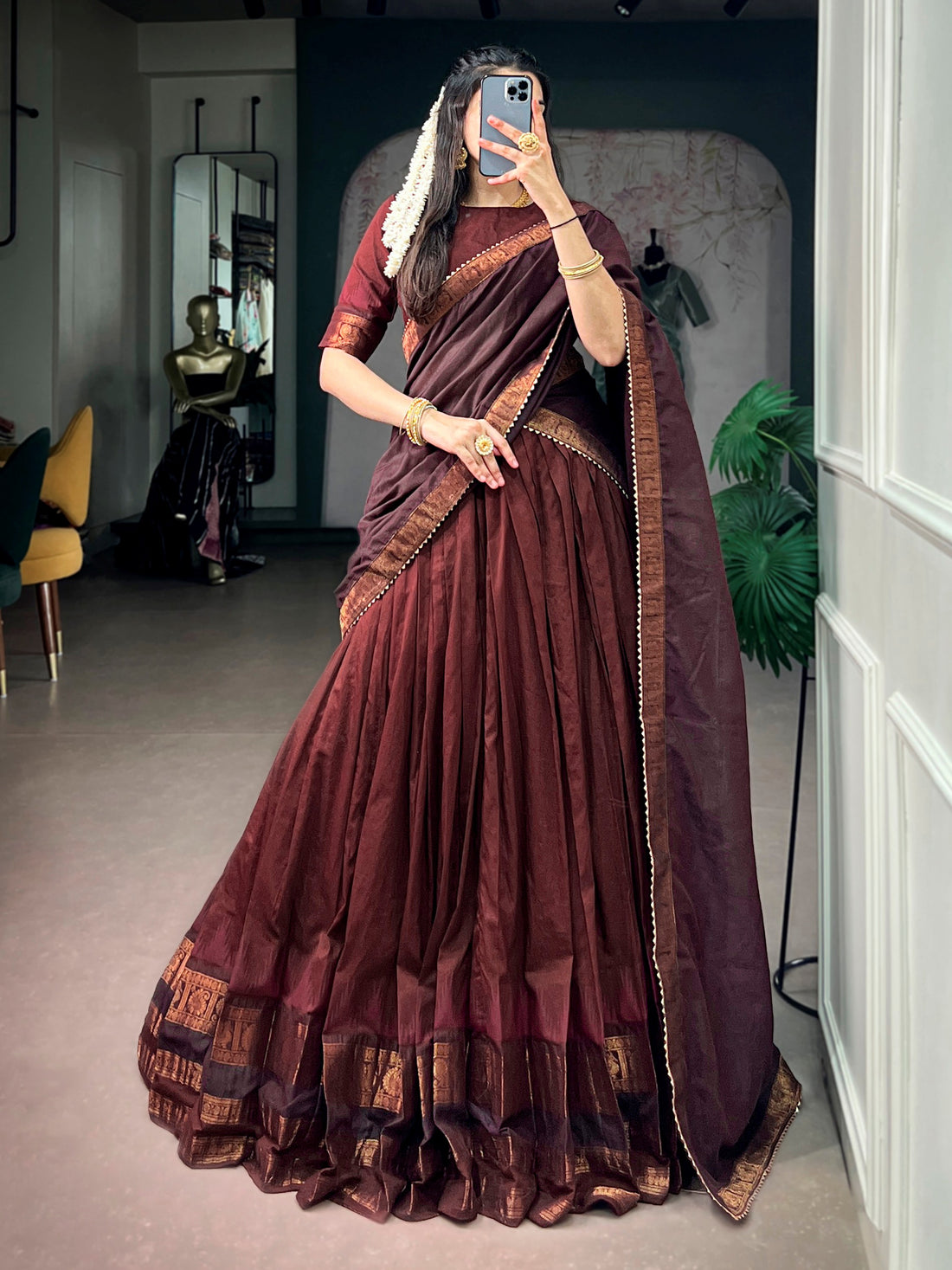 Rich Maroon Zari Woven  Cotton Function Wear Half Saree Lehenga