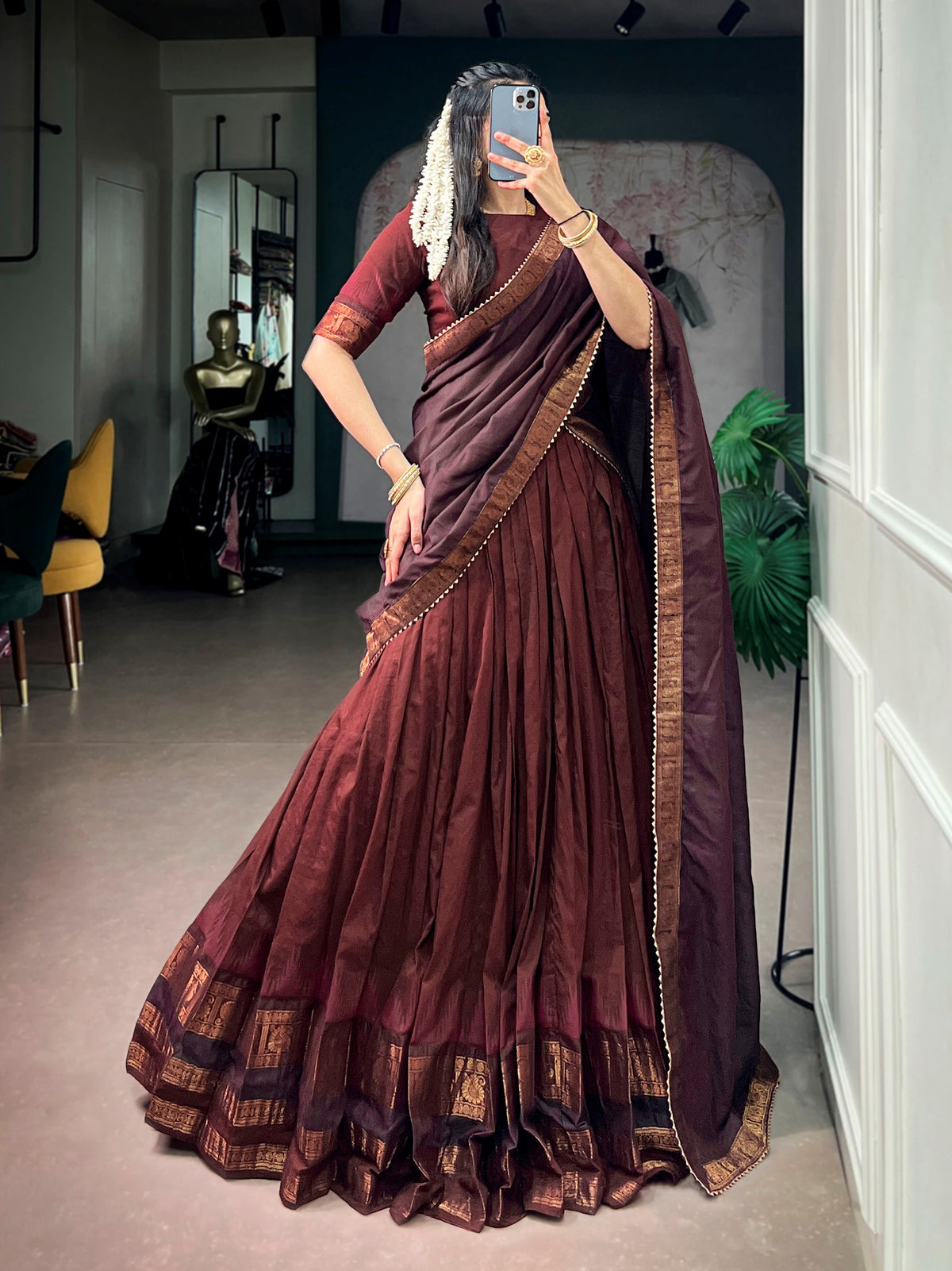 Rich Maroon Zari Woven  Cotton Function Wear Half Saree Lehenga