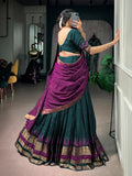 Stylish Teal Green Zari Woven Cotton Festive Wear Half Saree Lehenga