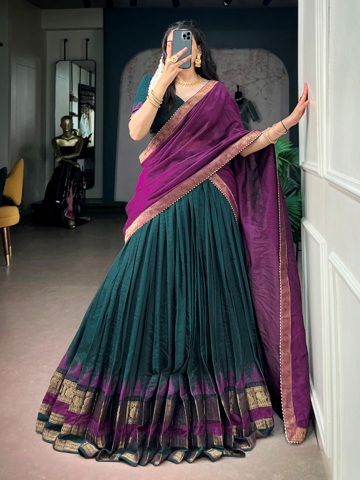Stylish Teal Green Zari Woven Cotton Festive Wear Half Saree Lehenga