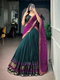 Stylish Teal Green Zari Woven Cotton Festive Wear Half Saree Lehenga