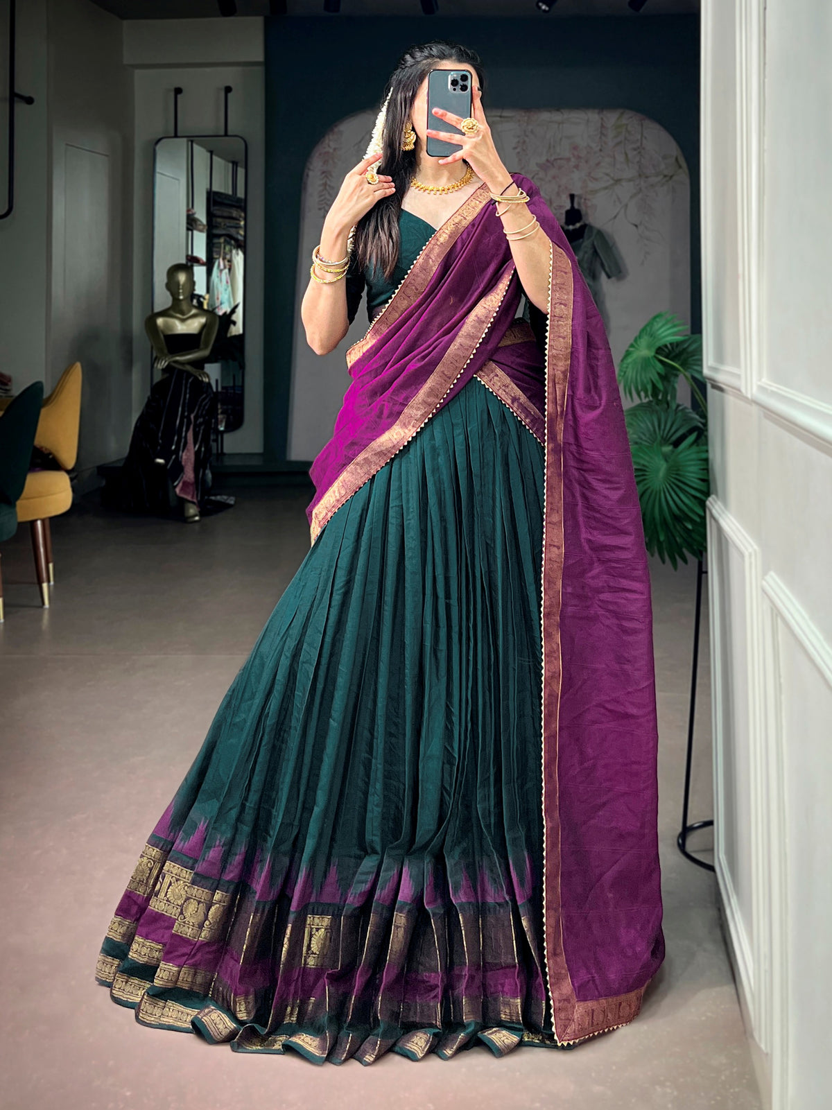 Stylish Teal Green Zari Woven Cotton Festive Wear Half Saree Lehenga
