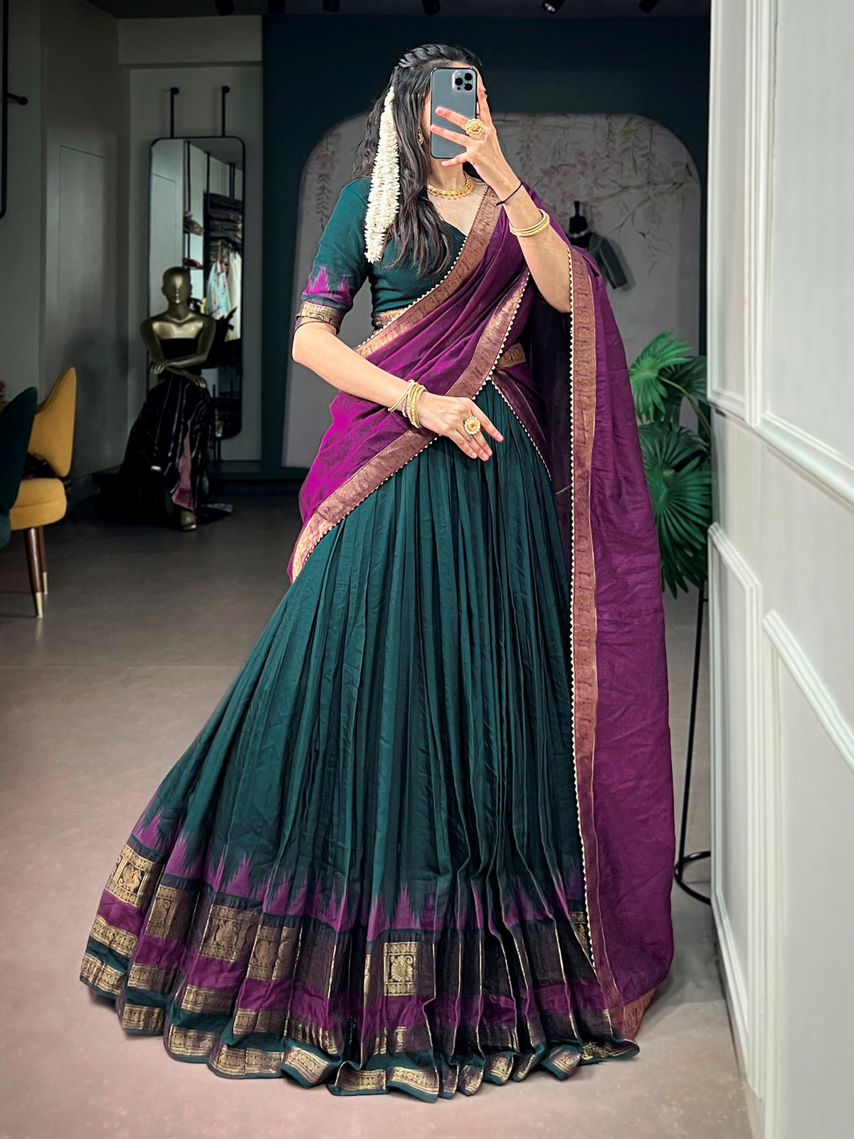 Stylish Teal Green Zari Woven Cotton Festive Wear Half Saree Lehenga