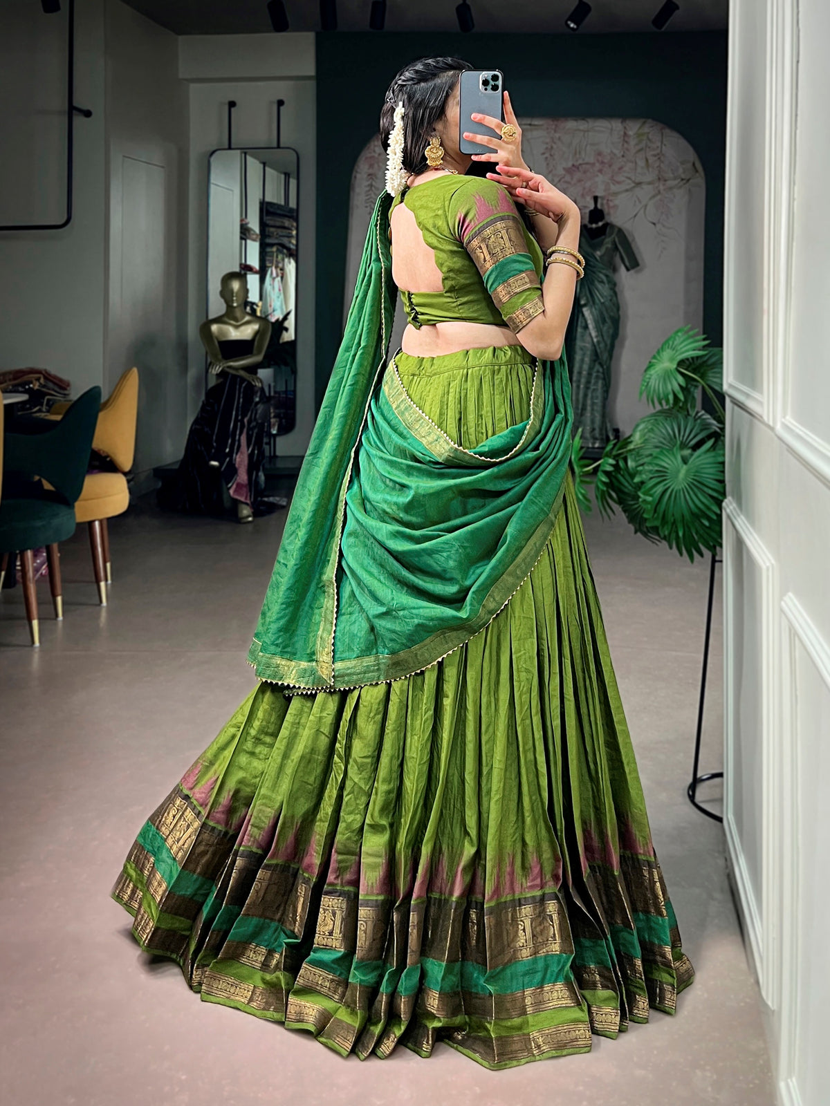 Charming Green Zari Woven Cotton Festive Wear Half Saree Lehenga