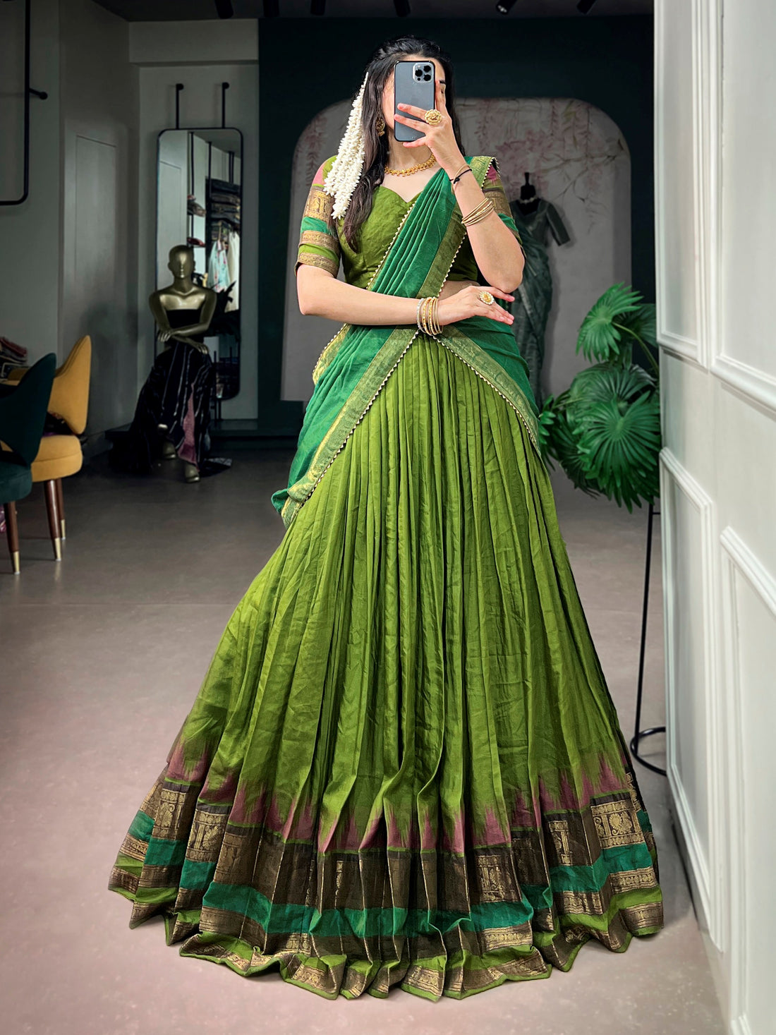 Charming Green Zari Woven Cotton Festive Wear Half Saree Lehenga