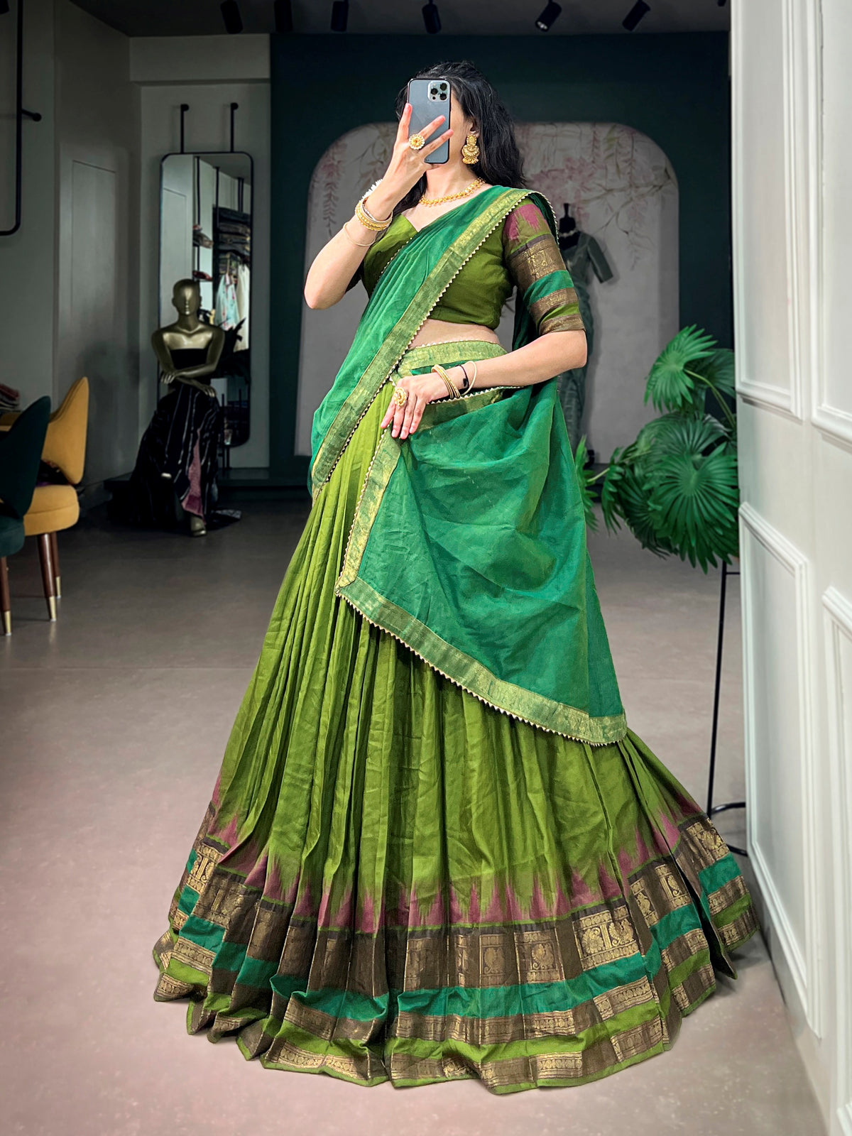 Charming Green Zari Woven Cotton Festive Wear Half Saree Lehenga