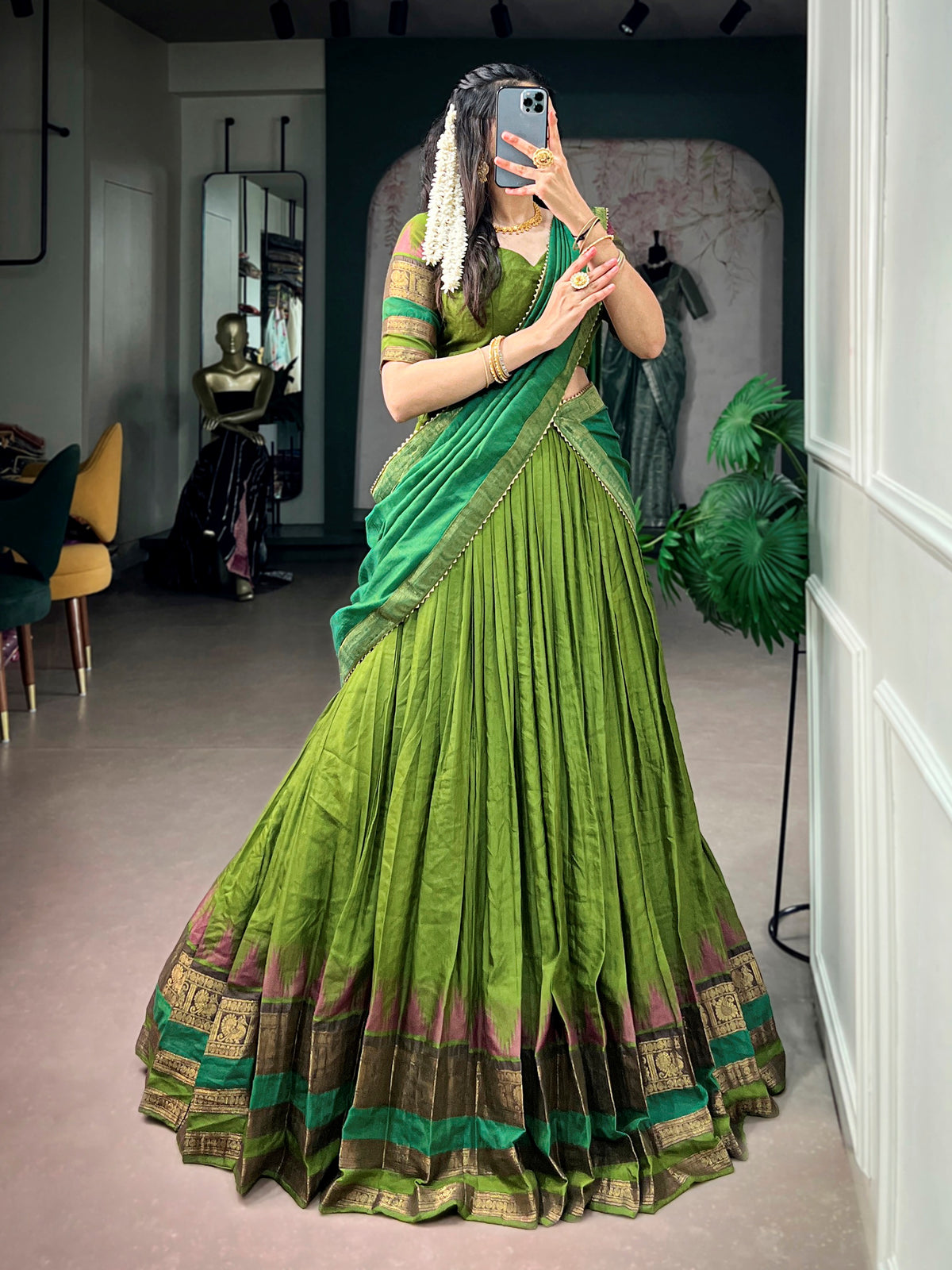 Charming Green Zari Woven Cotton Festive Wear Half Saree Lehenga