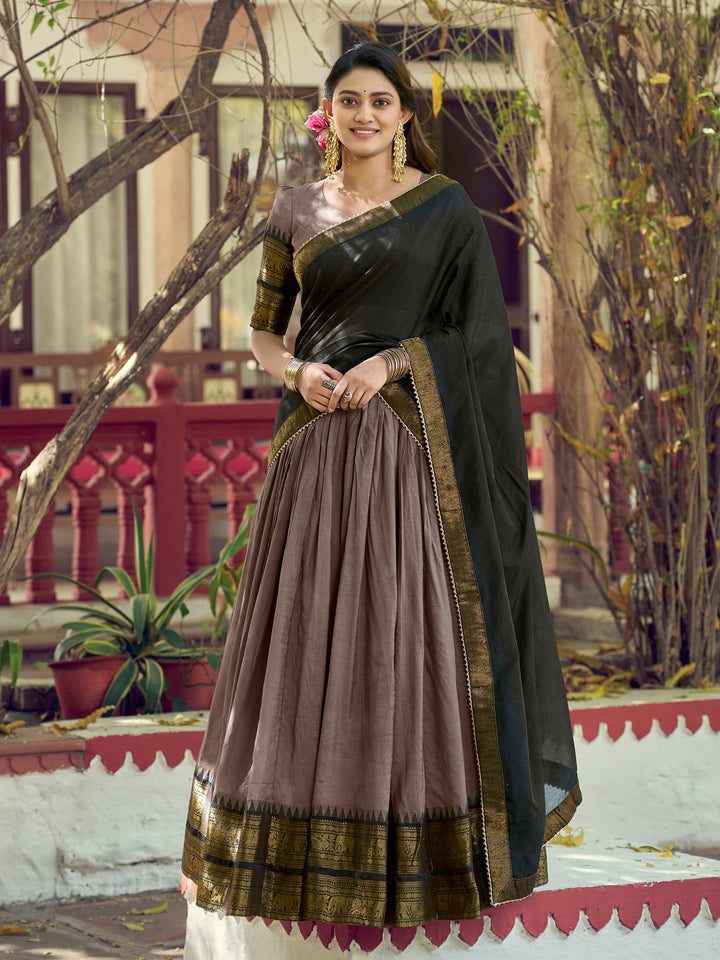 Classic Brown Zari Woven Cotton Festival Wear Lehenga Choli