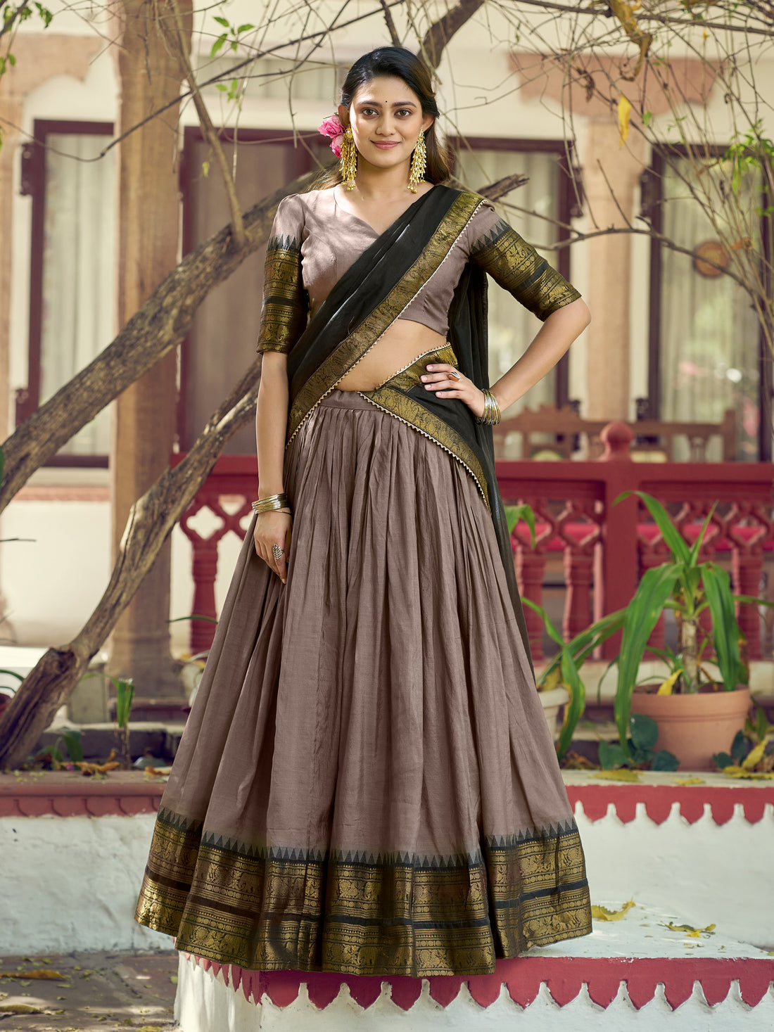 Classic Brown Zari Woven Cotton Festival Wear Lehenga Choli