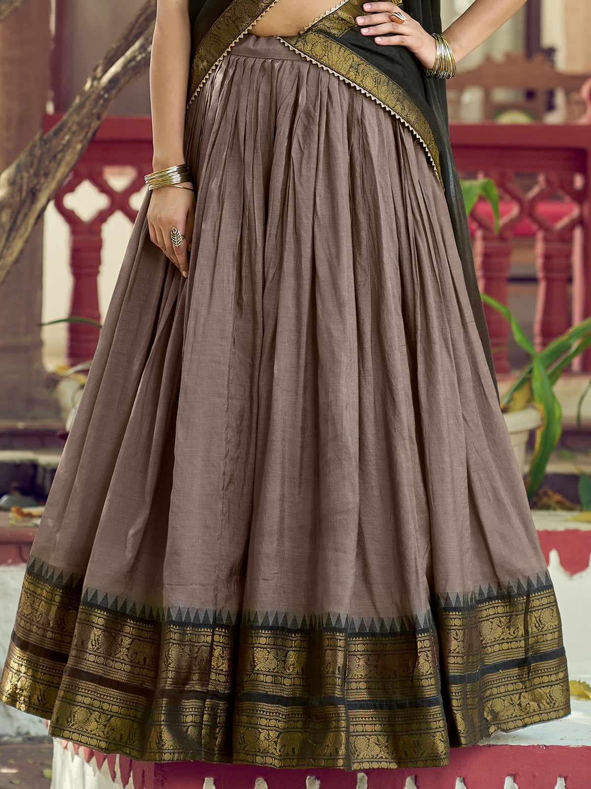 Classic Brown Zari Woven Cotton Festival Wear Lehenga Choli