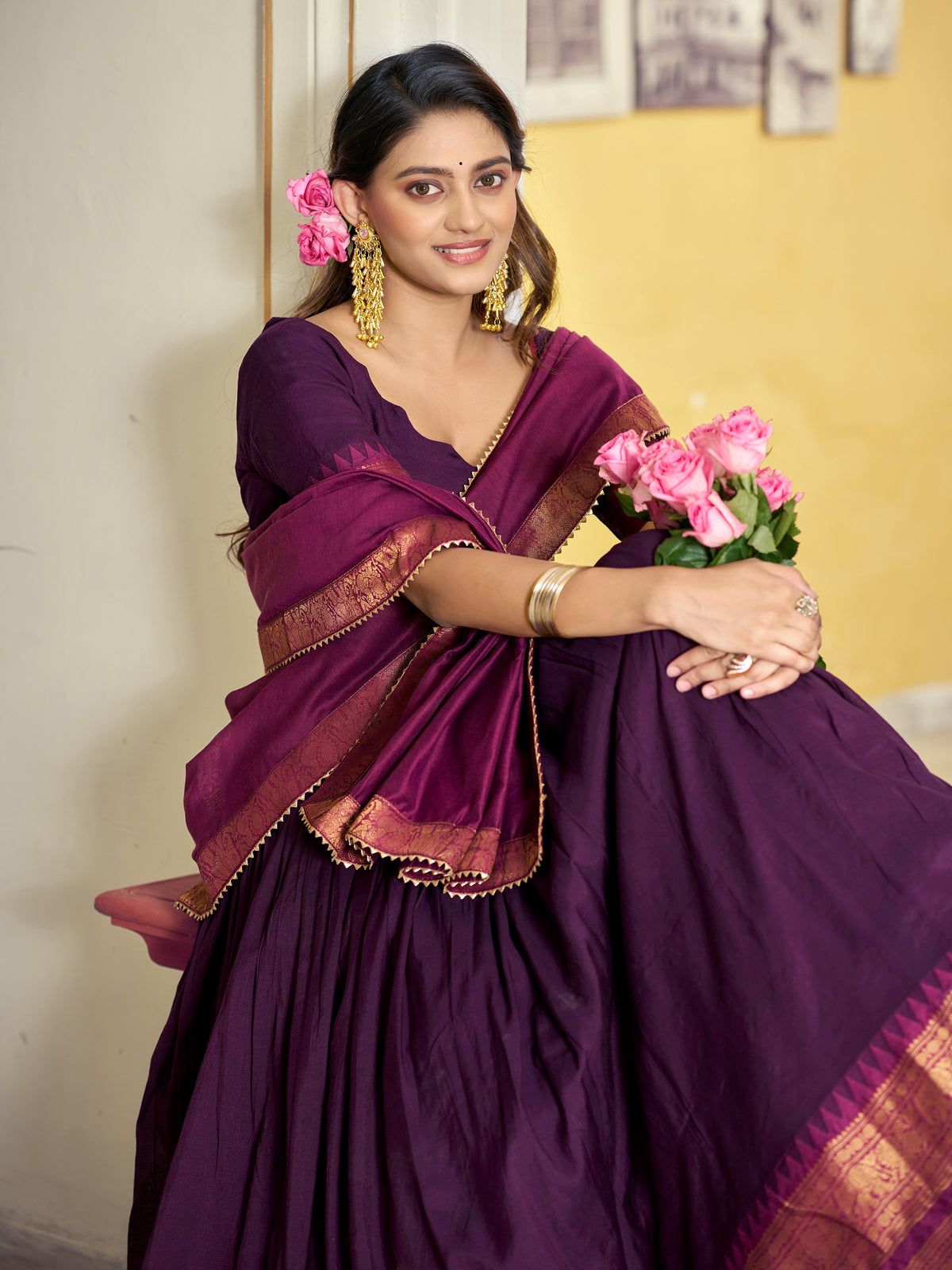 Regal Purple Zari Woven Cotton Festival Wear Lehenga Choli With Blouse