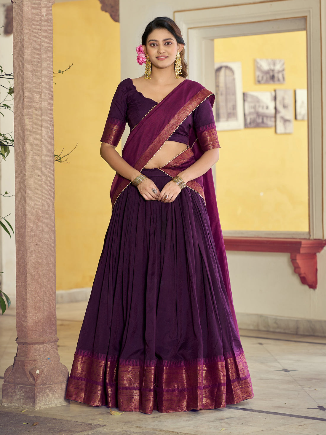 Regal Purple Zari Woven Cotton Festival Wear Lehenga Choli With Blouse