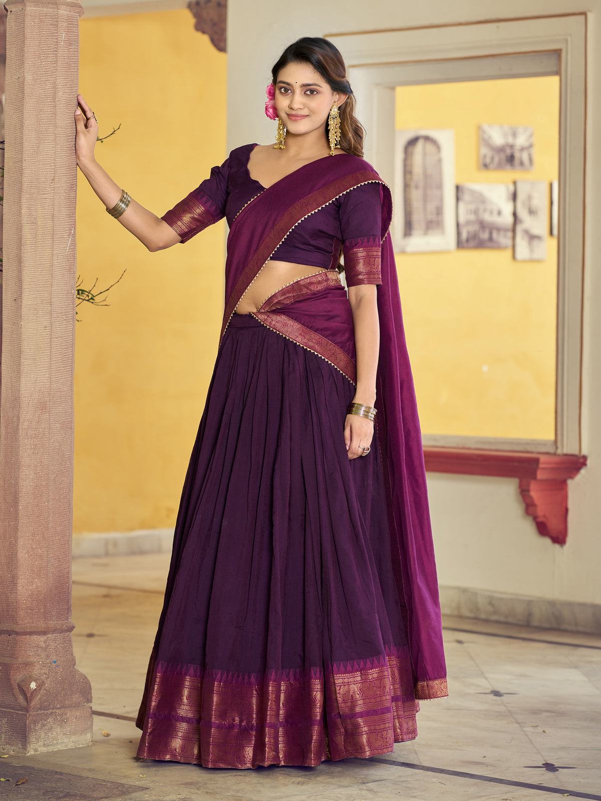 Regal Purple Zari Woven Cotton Festival Wear Lehenga Choli With Blouse