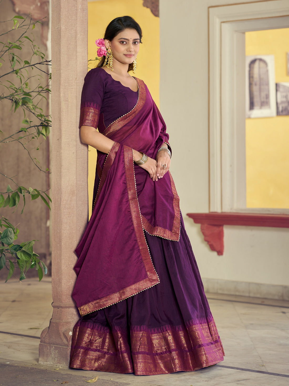 Regal Purple Zari Woven Cotton Festival Wear Lehenga Choli With Blouse