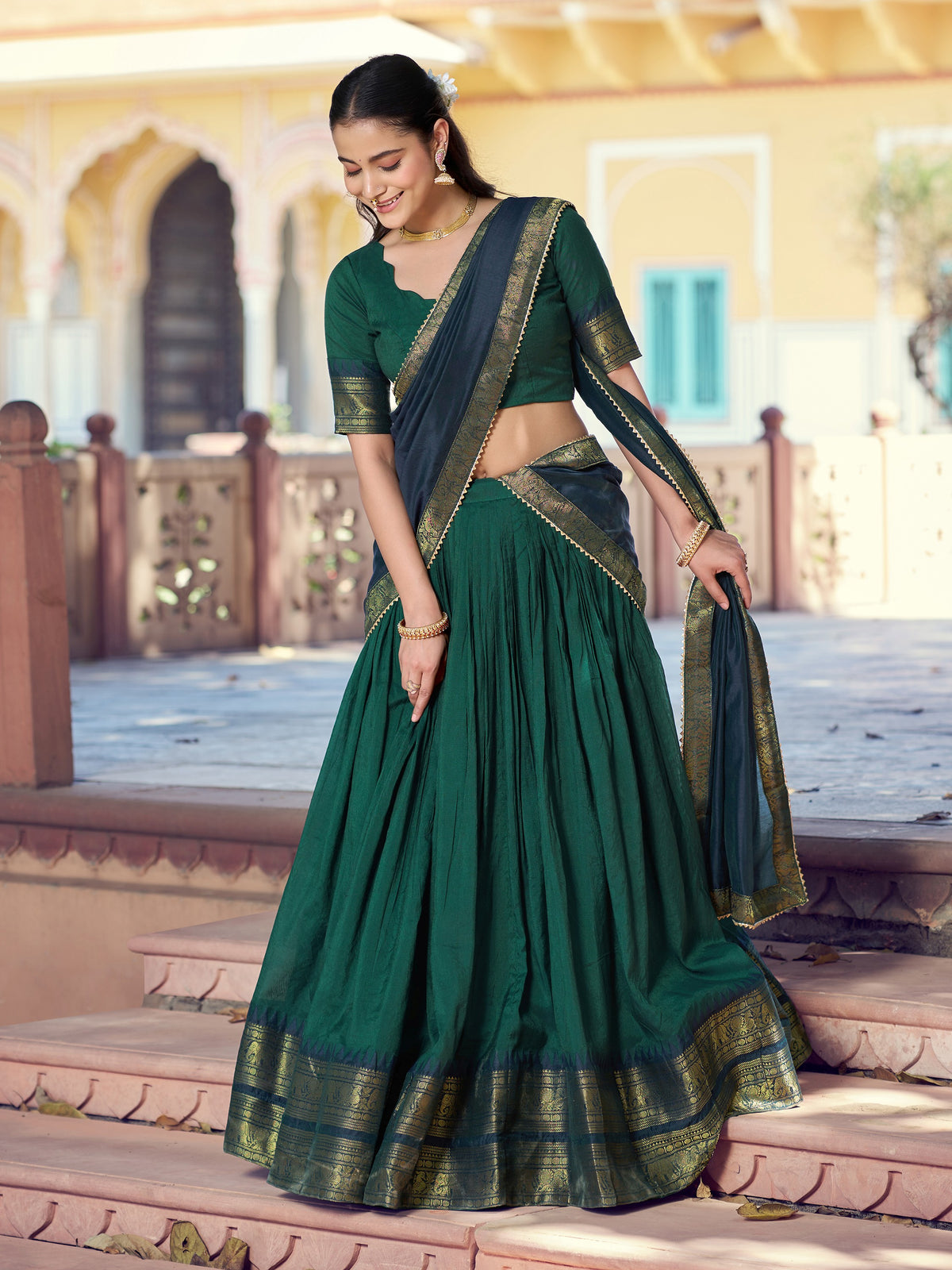 Heritage Green Zari Woven Cotton Festival Wear Half Saree Lehenga