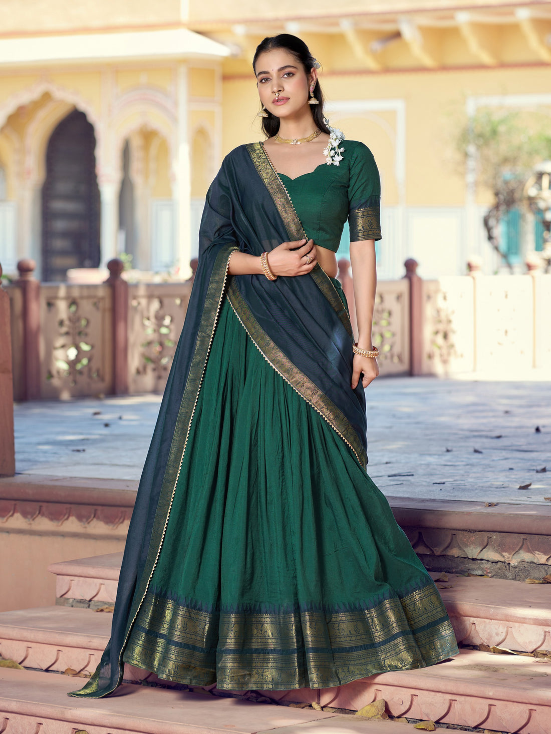 Heritage Green Zari Woven Cotton Festival Wear Half Saree Lehenga