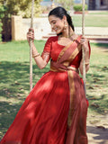 Marvelous Red Zari Woven Cotton Festival Wear Half Saree Lehenga