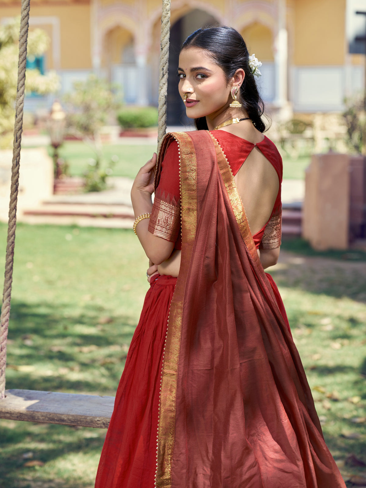 Marvelous Red Zari Woven Cotton Festival Wear Half Saree Lehenga