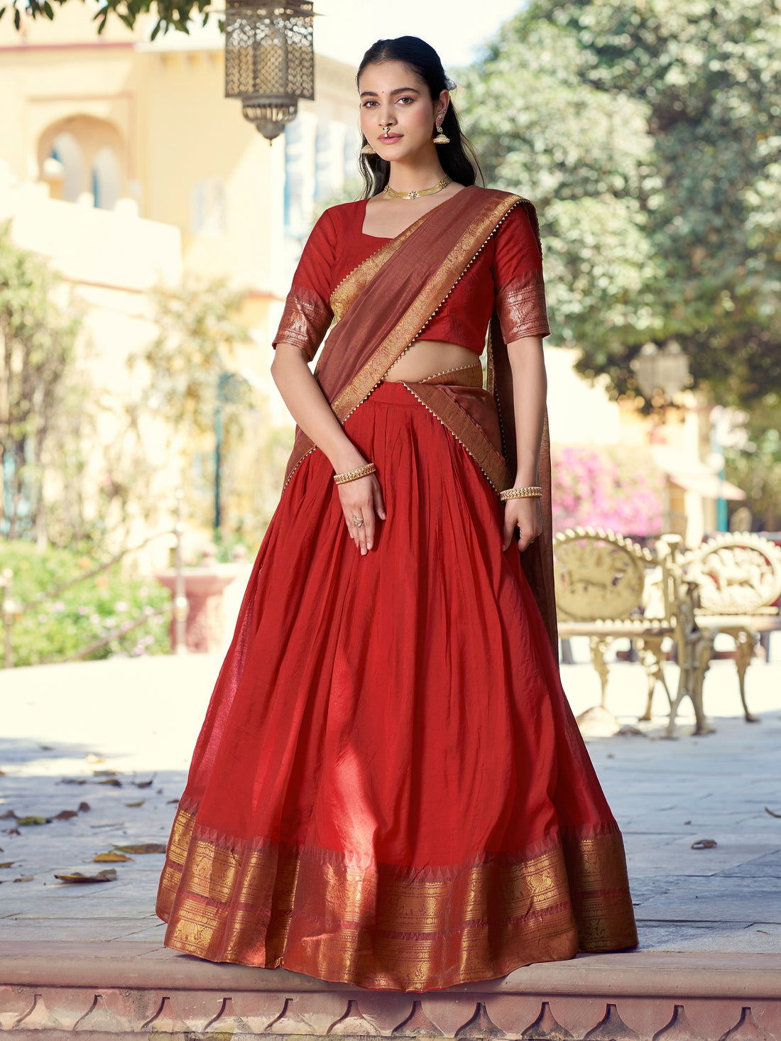 Marvelous Red Zari Woven Cotton Festival Wear Half Saree Lehenga