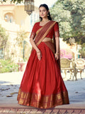 Marvelous Red Zari Woven Cotton Festival Wear Half Saree Lehenga