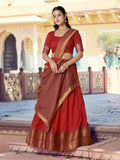 Marvelous Red Zari Woven Cotton Festival Wear Half Saree Lehenga