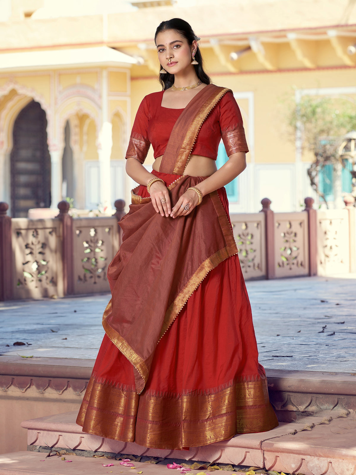 Marvelous Red Zari Woven Cotton Festival Wear Half Saree Lehenga