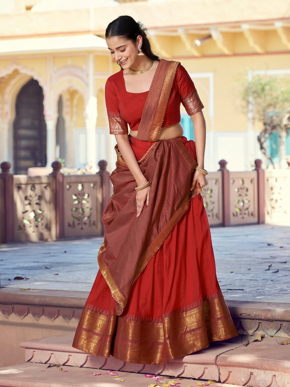 Marvelous Red Zari Woven Cotton Festival Wear Half Saree Lehenga