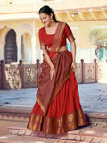 Marvelous Red Zari Woven Cotton Festival Wear Half Saree Lehenga