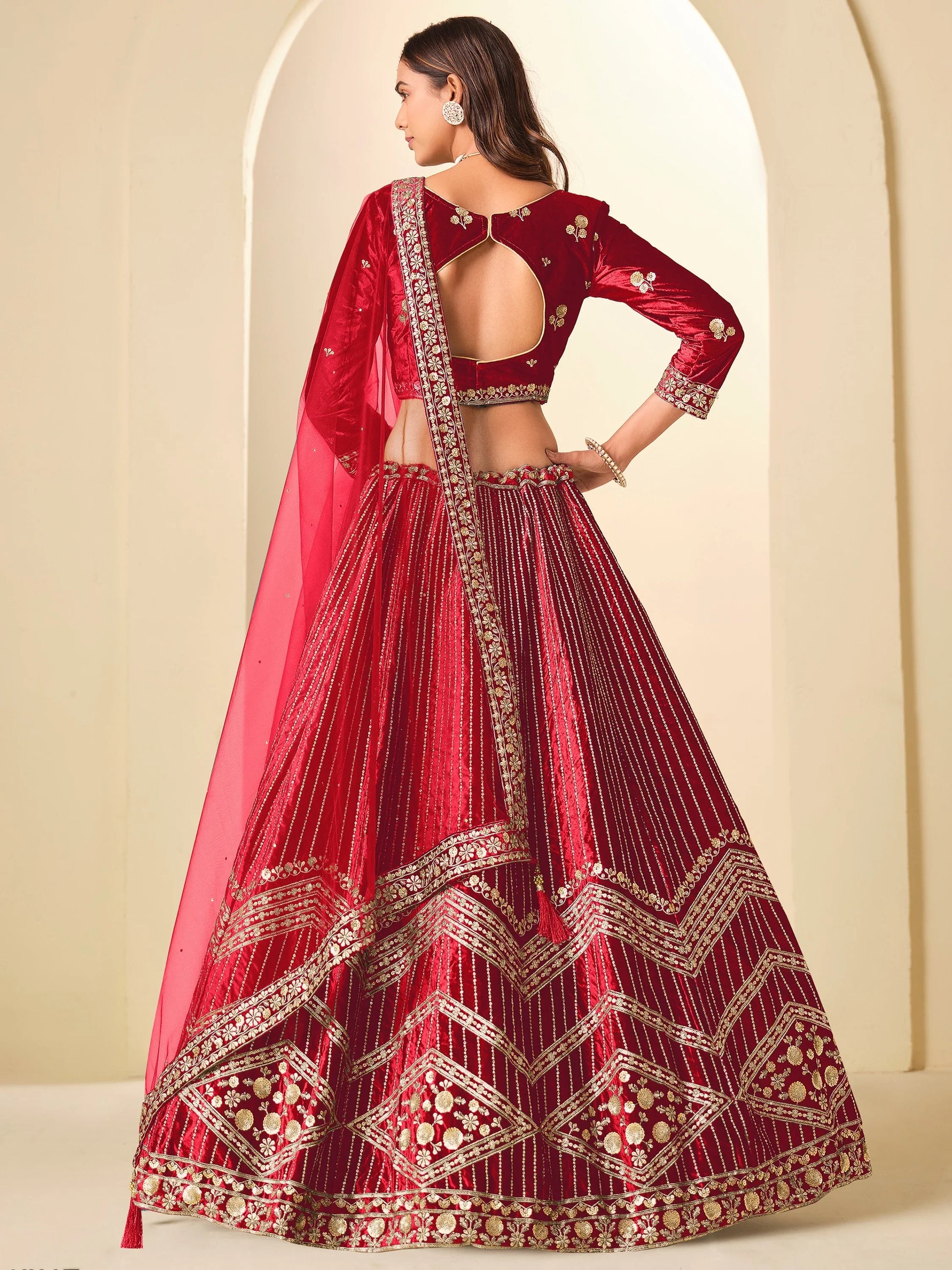 Attractive Red Embroidery Velvet Wedding Wear Lehenga Choli With Dupatta