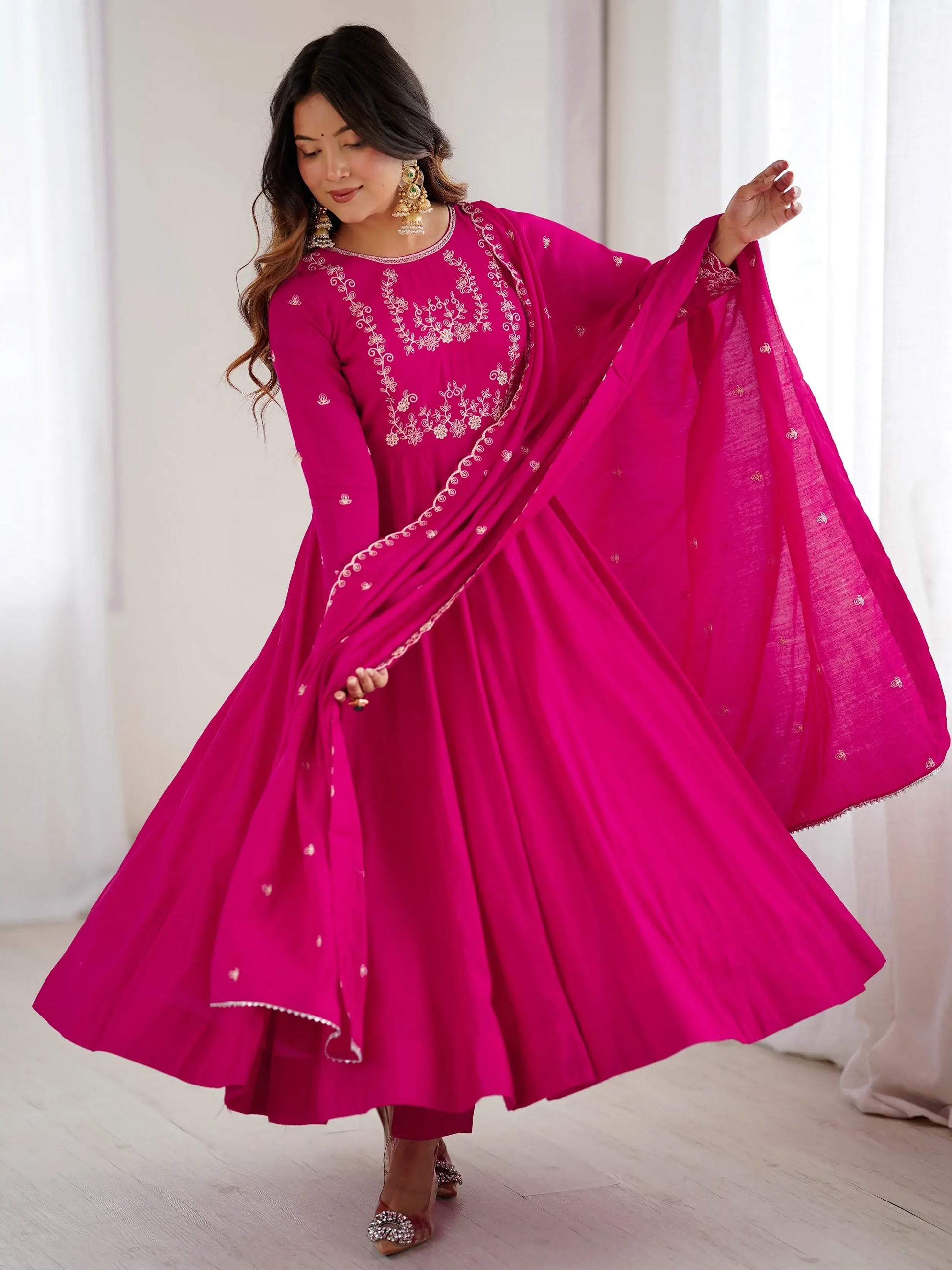 Alluring Hot Pink Bead Work Chanderi Silk Designer Anarkali Suit With Dupatta