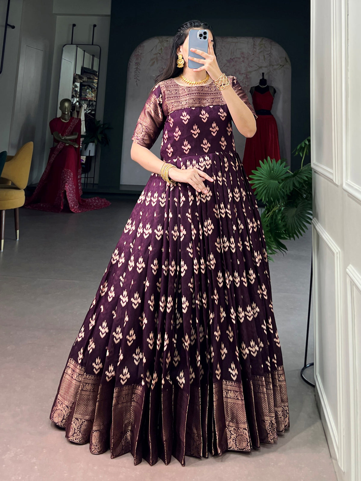 Majestic Purple Zari Woven Cotton Event Wear Gown