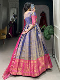 Awesome Pink Zari Weaving Kanjivaram  Festive Wear Gown With Dupatta