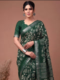 Adorable Green Floral Printed Silk Festival Wear Saree With Blouse