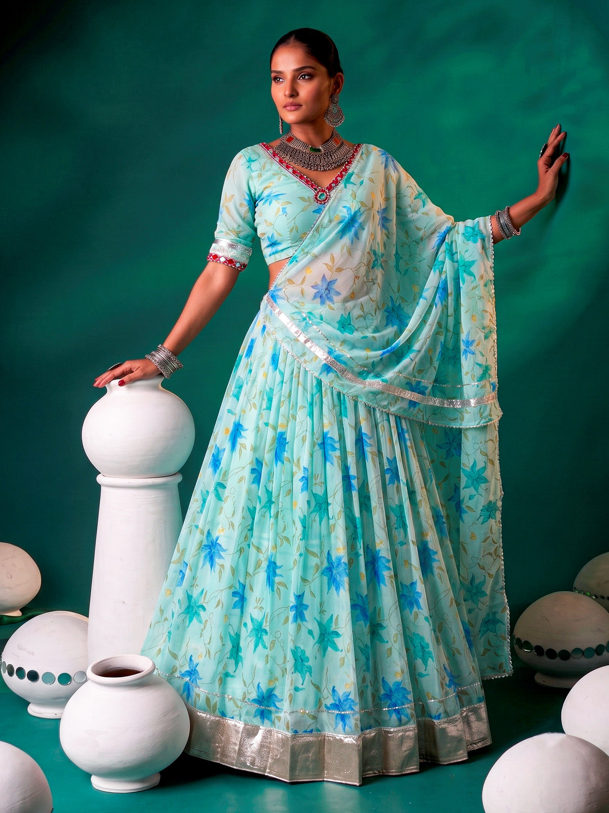 Radiant Aqua Blue Floral Print Silk Festival Wear Lehenga Choli