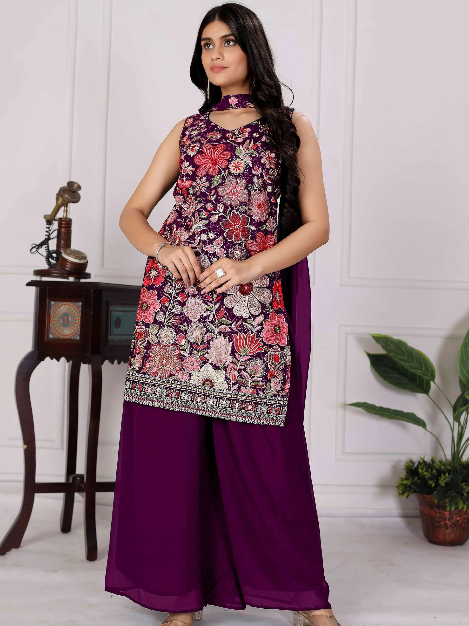 Pretty Wine Floral Embroidered Georgette Festive Wear Palazzo Suit