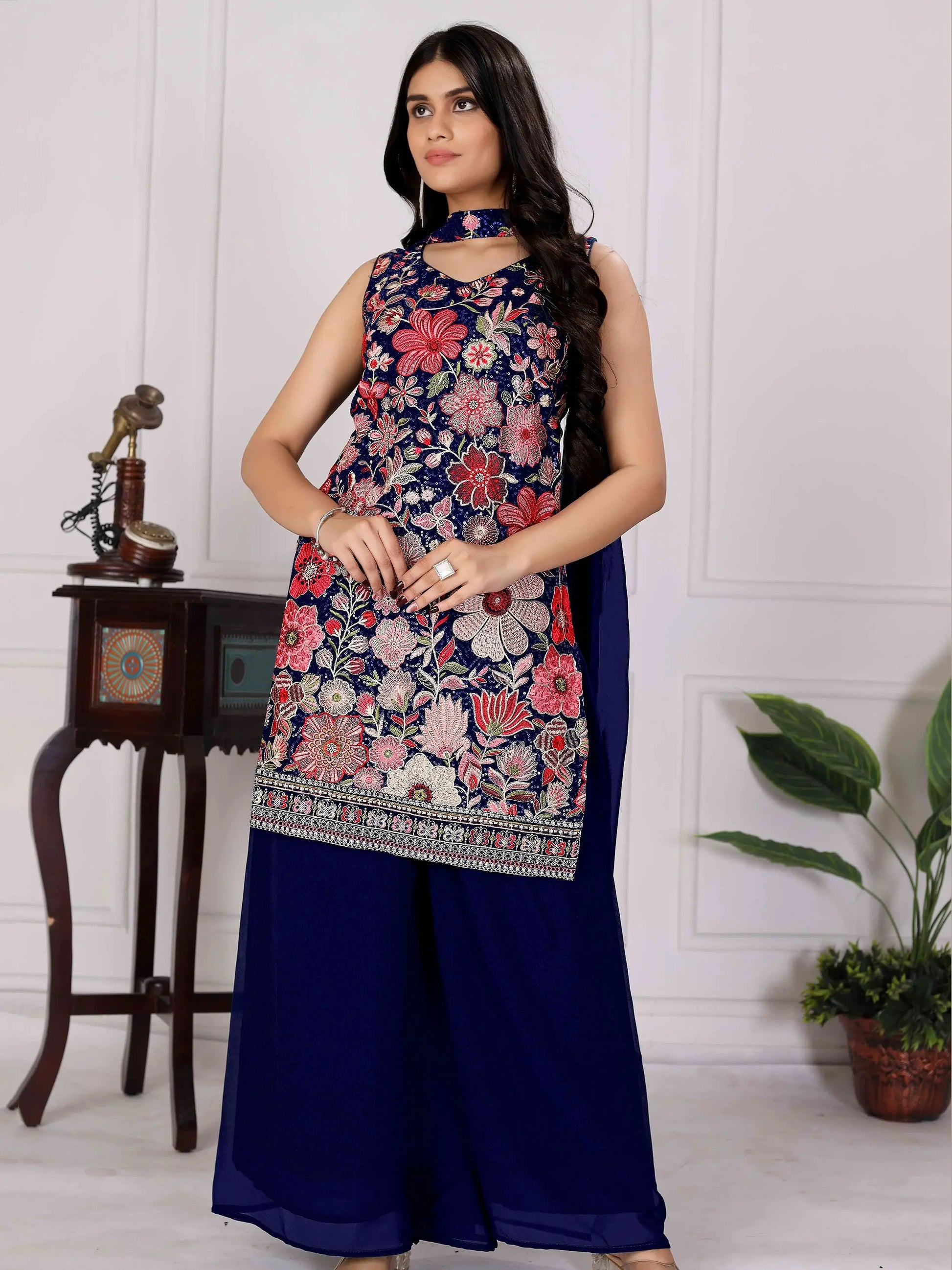 Magnetic Navy Blue Thread Embroidery Georgette Designer Palazzo Suit