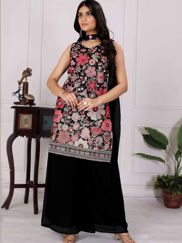 Classy Black Floral Embroidery Georgette Function Wear Palazzo Suit
