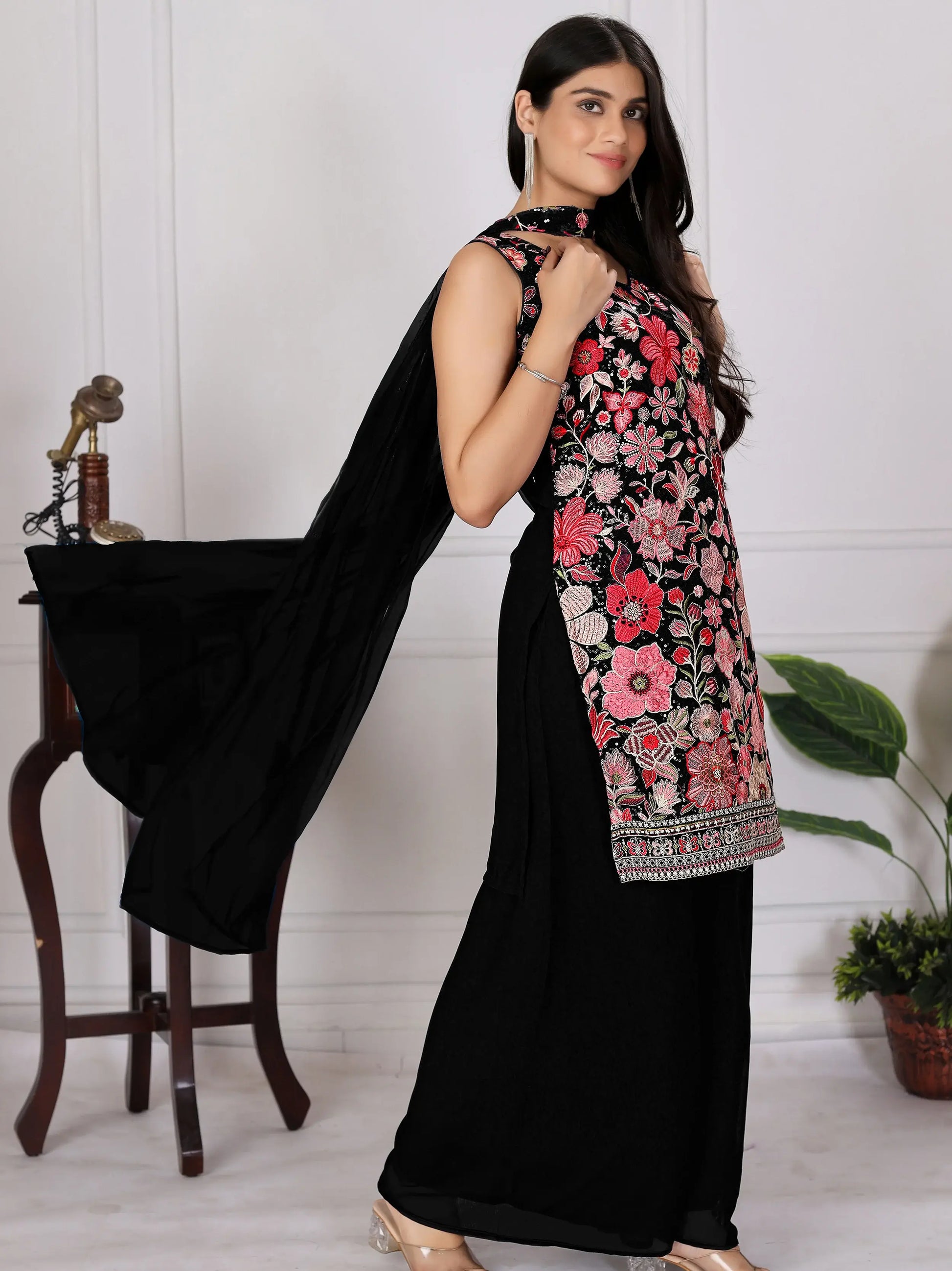 Classy Black Floral Embroidery Georgette Function Wear Palazzo Suit
