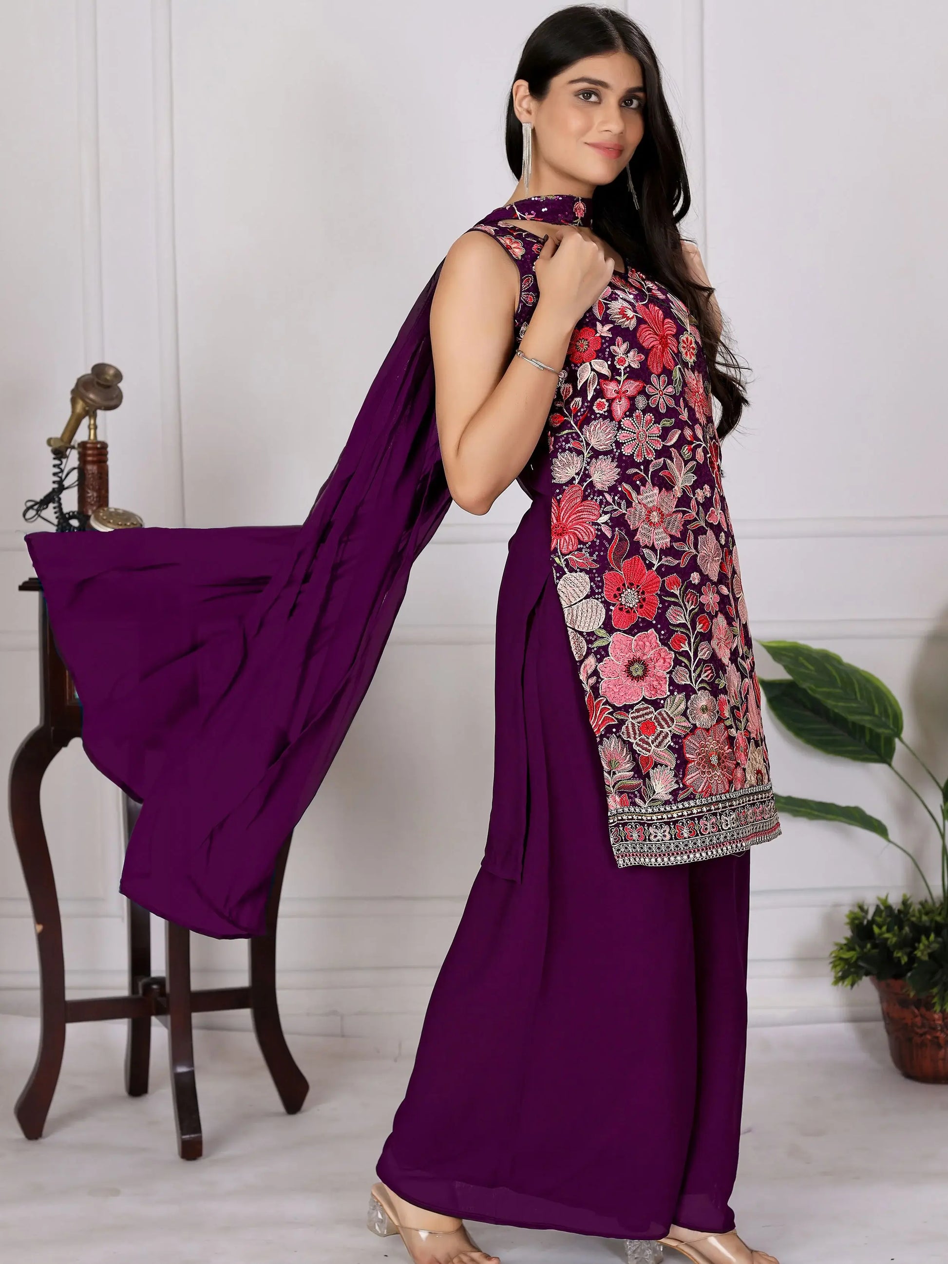 Pretty Wine Floral Embroidered Georgette Festive Wear Palazzo Suit