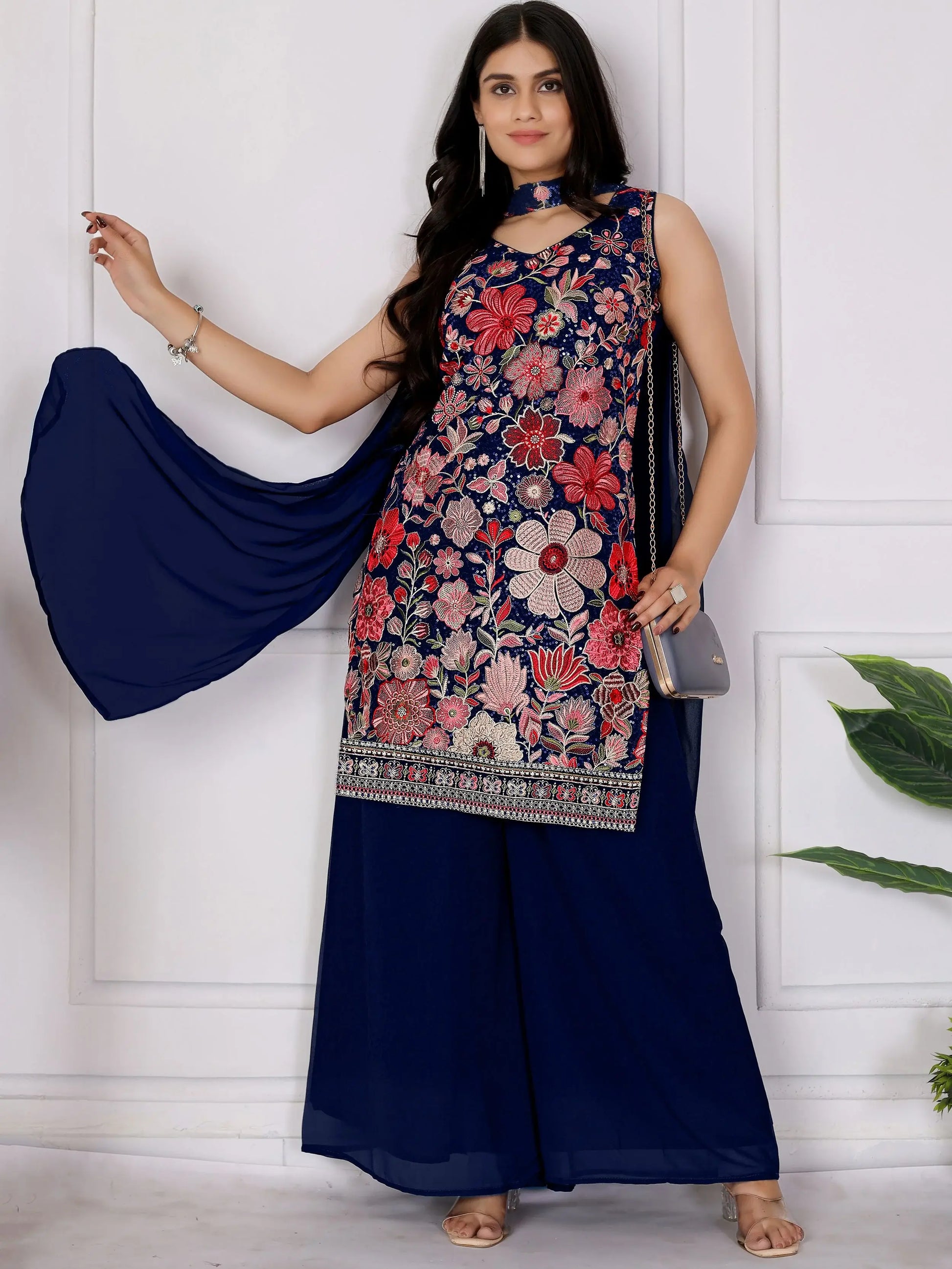 Magnetic Navy Blue Thread Embroidery Georgette Designer Palazzo Suit