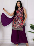 Pretty Wine Floral Embroidered Georgette Festive Wear Palazzo Suit