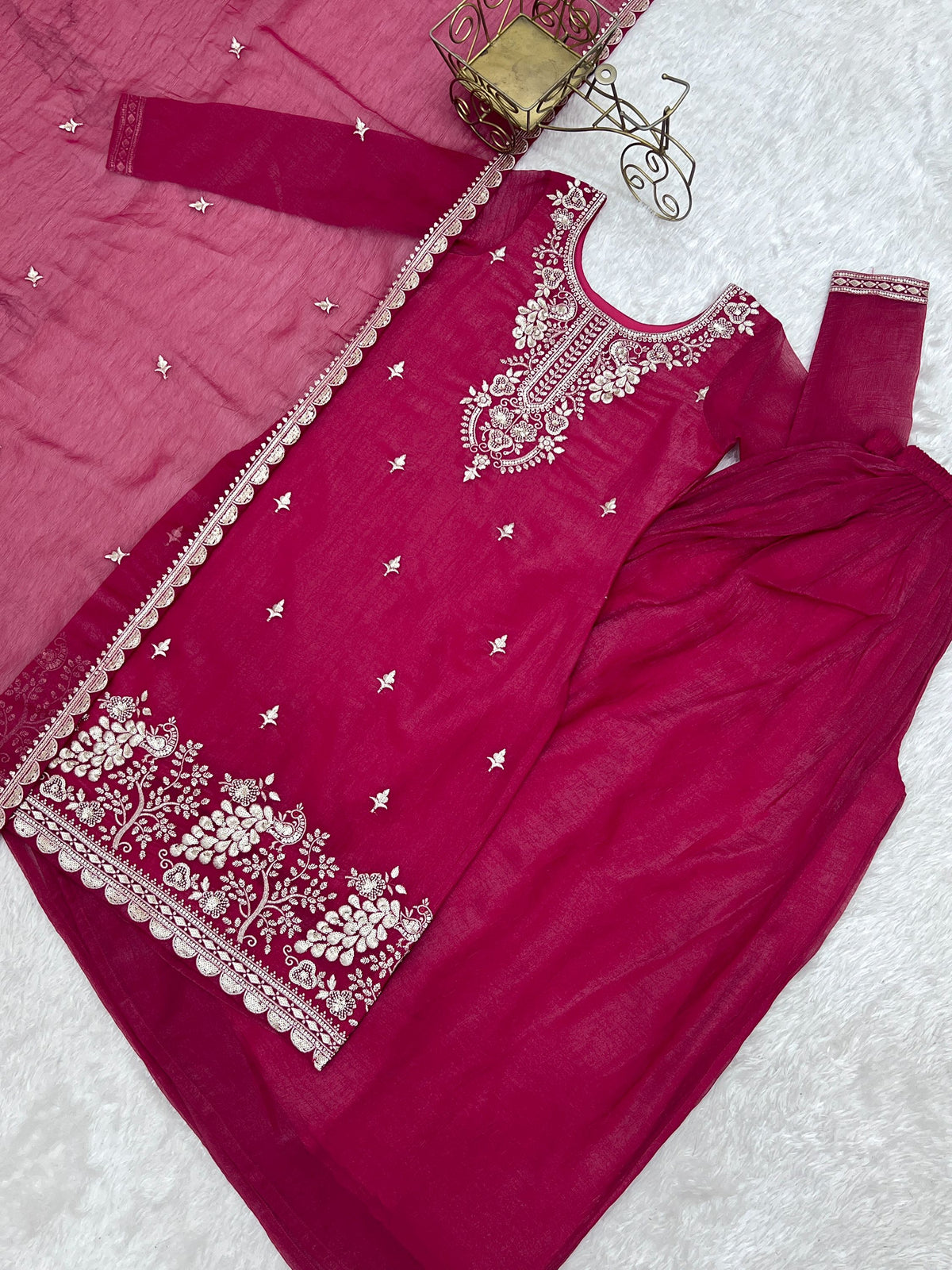 Gorgeous Rani Pink Embroidered Silk Wedding Wear Sharara Suit