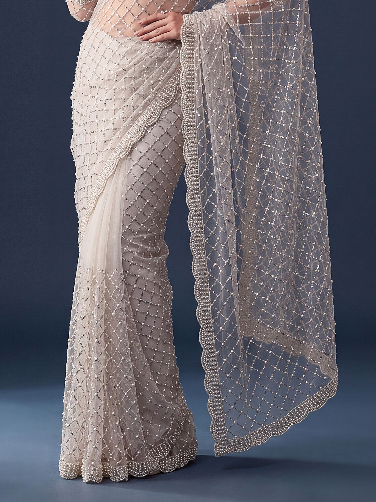 Elegant White Pearl Work Net Reception Wear Saree With Blouse
