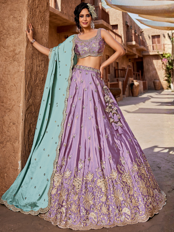 Great Lavender Embroidered Silk Wedding Wear Lehenga Choli With Dupatta 