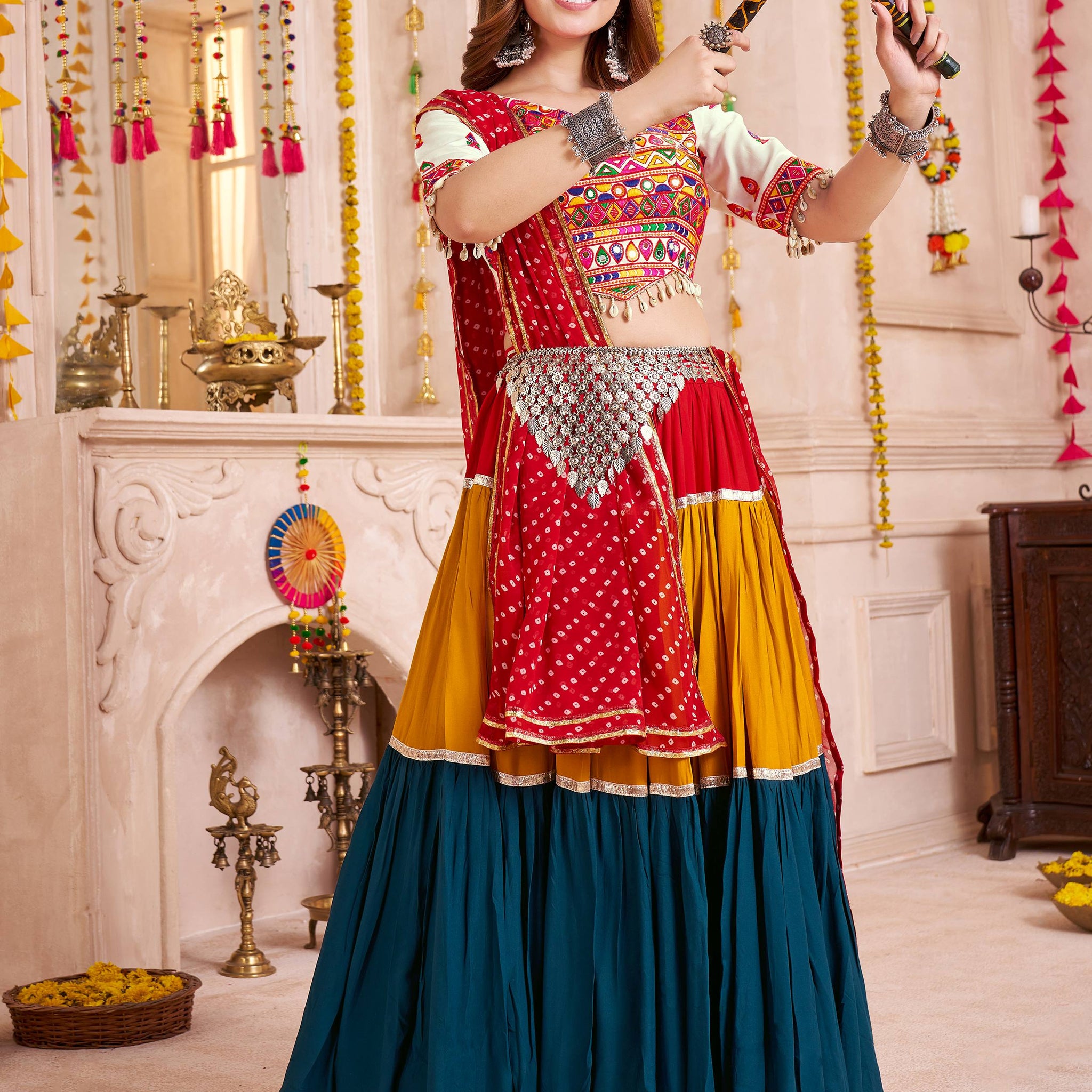 Stunning Multi-Color Cotton Lace Work Festive Wear Lehenga Choli With Dupatta