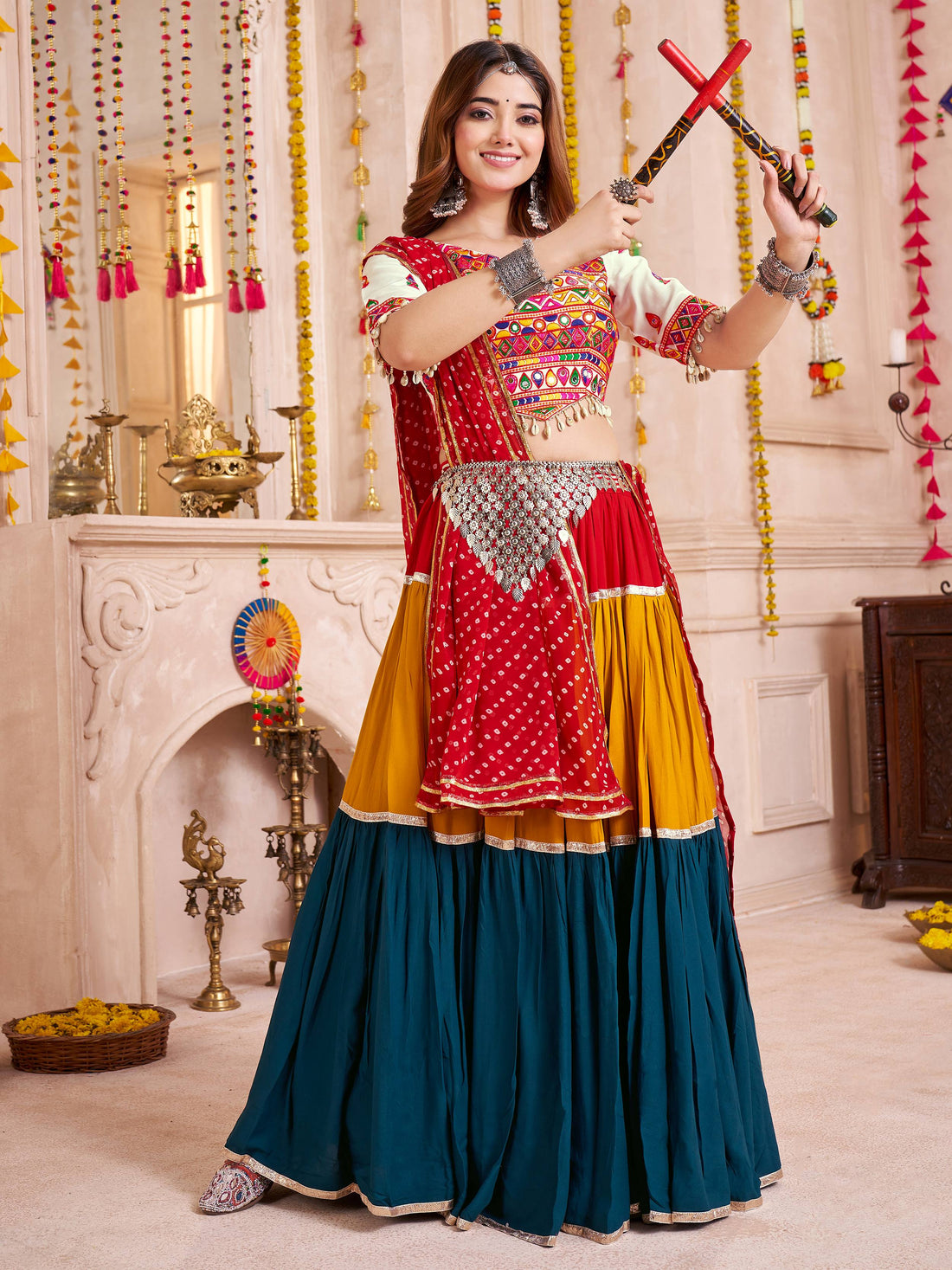 Stunning Multi-Color Cotton Lace Work Festive Wear Lehenga Choli With Dupatta