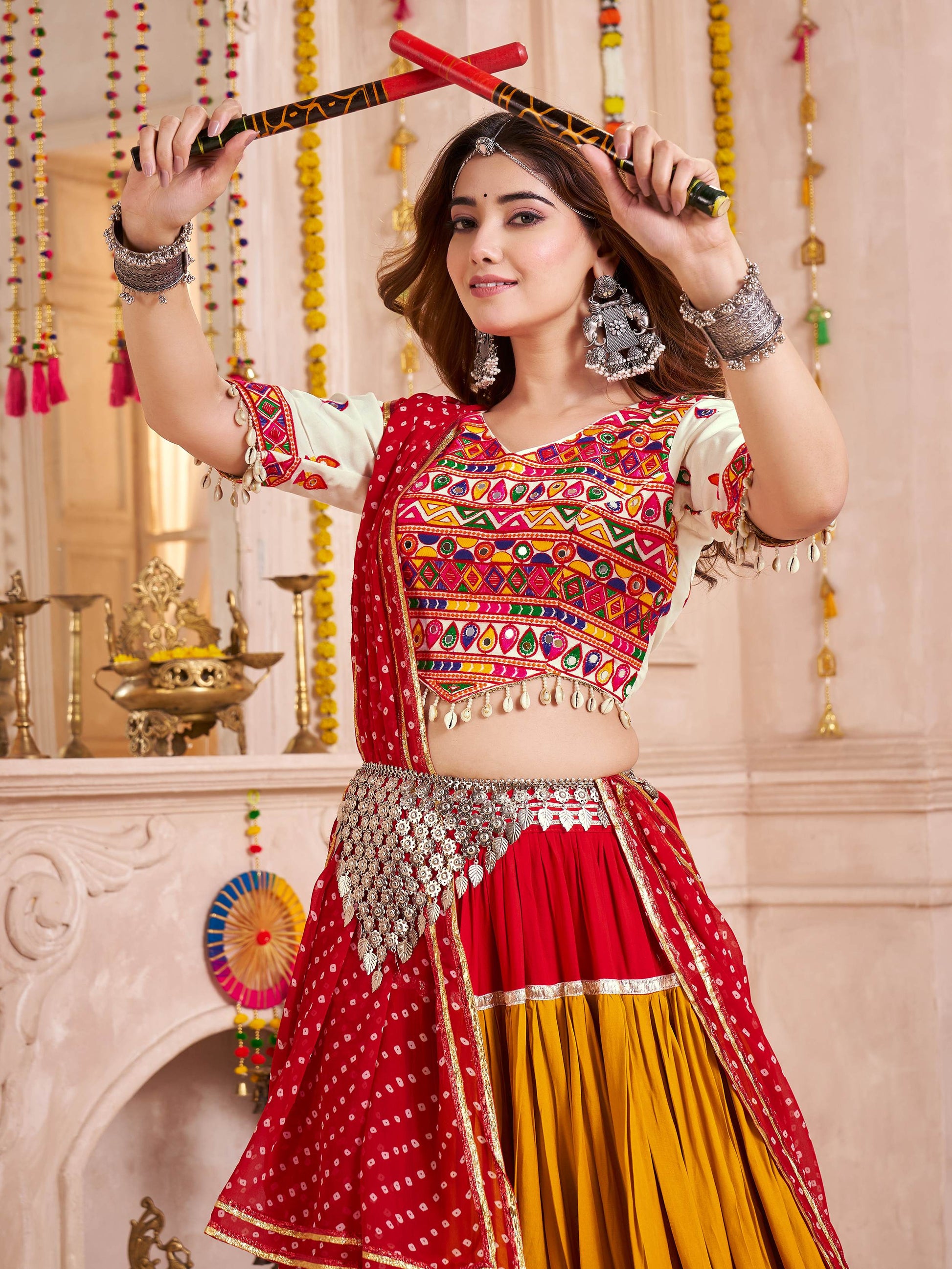Stunning Multi-Color Cotton Lace Work Festive Wear Lehenga Choli With Dupatta