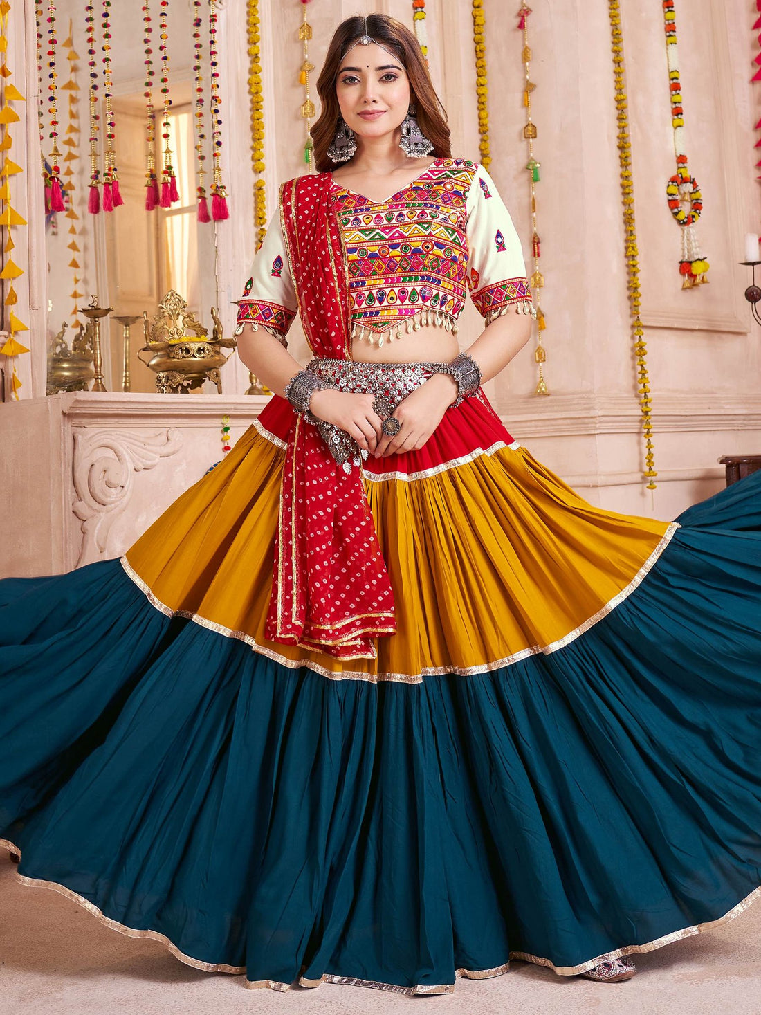 Stunning Multi-Color Cotton Lace Work Festive Wear Lehenga Choli With Dupatta